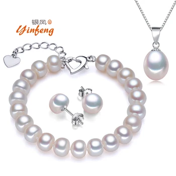 Venta CALIENTE blanco de plata de la perla conjuntos de joyas para las mujeres de alta calidad de 8-9m m, auténtica perla de la joyería de 3 colores