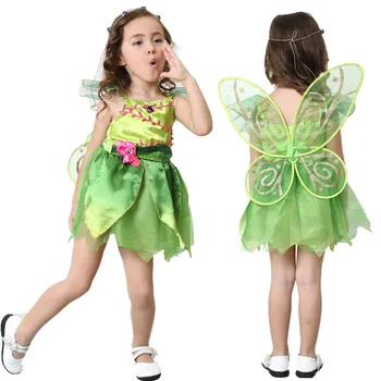 Verde Tinkerbell Traje de Hada Tinker Bell Princesa Vestido de Fantasía con ala de Halloween Cosplay Ropa (incluyen ala)