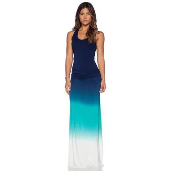 Vestido Maxi de las Mujeres Gradiente Azul S-5XL Plus Tamaño sin Mangas 2019 Verano Nueva Moda Casual de Alta Cintura Vestidos de Playa, Feminina LR33