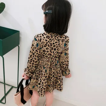 Vestido de las niñas De 2019 Primavera de Niños Ropa de Niña Llena la Manga de la Gasa de la Impresión del Leopardo Bowknot Vestido de Cuello Bebé Traje de Vestido de Fiesta 2-8Y