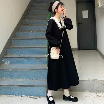 Vestidos De Mujer De Otoño En Japón Preppy Estilo Marinero Collar Kawaii De Retazos Sueltos Casual Para Mujer De Vestido Largo Harajuku Fashion Vestidos