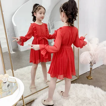 Vestidos de las niñas Vestido de Princesa de Moda Adolescente Primavera coreana de Niños Vestidos para Niñas Niños Rojos 4 5 6 7 8 9 10 11 12 13 14 Año