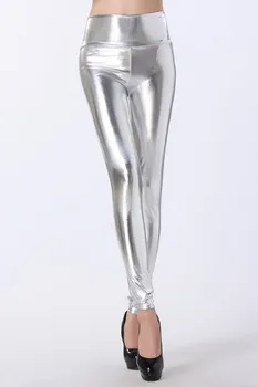 Wetlook Plata Oro Negro Brillante Metalizado Cuero de Cintura Alta Leggings de Moda Flaco Estirar Pantalones de Wetlook de Imitación de Cuero Polainas
