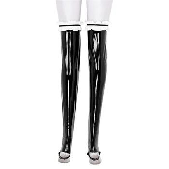 YiZYiF Mujeres Wetlook de Cuero de Patente de las medias de Brillo de Alta del Muslo Mantenerse con Volantes Medias de la rodilla de largo sexy medias Para las Mujeres