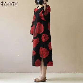 ZANZEA Plus Tamaño de la Vendimia Impreso Vestido de las Mujeres del Otoño de Ropa de cama de Algodón Vestido Casual de Manga Larga Kaftan Vestidos Túnica Femme Vestidos de