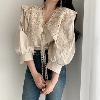 ZAWFL Otoño Turndown Collar de Perlas de la Hebilla de la Blusa de Encaje de las Mujeres Blusas de Manga Larga Elegante parte Superior coreano de la Moda de Ropa de Mujer Camisetas de