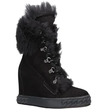 Zapatos de Mujer de Invierno Nieve Botas de Tobillo de Plataforma de Cuero Genuino Peludo Causal Botas, Cuñas de 8CM de Altura Creciente Negro de Piel Botines