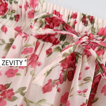 Zevity de las Nuevas Mujeres de la moda de impresión de la flor de gasa falda midi faldas mujer de las señoras de elástico en la cintura arco atado vestido casual faldas QUN663